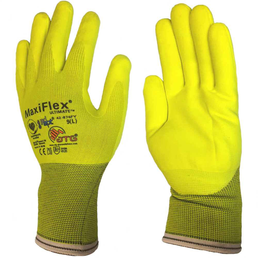 High Vis ATG Maxiflex Ultimate Lightweight Palm Coated Nitrile Gloves